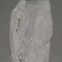 SOLY HUX Women's Hollow Out Sequin Sparkly Sweater Sheer Long Sleeve Shiny Pullover Coverup Tops Party Outfits (Medium, Plain White)