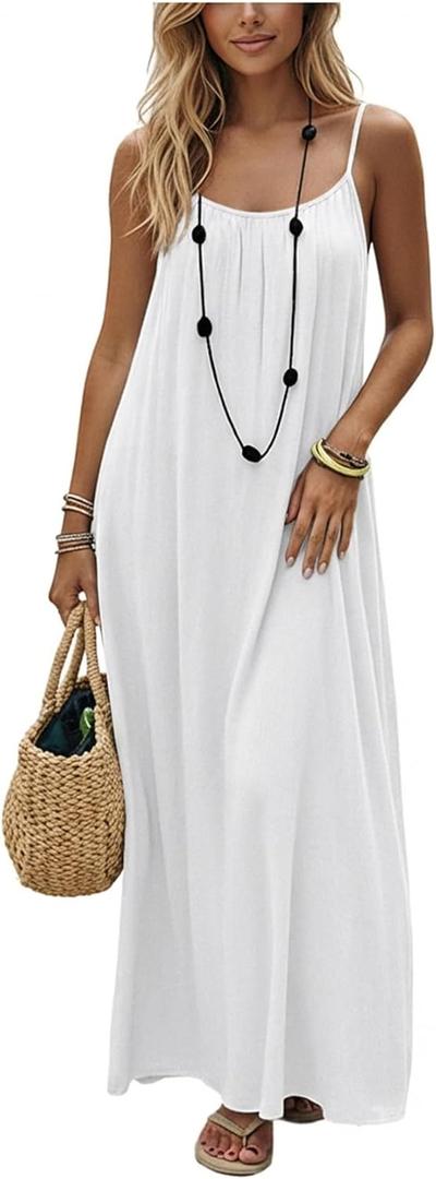 SHENHE Women's Open Back Spaghetti Strap Beach Maxi Dress Loose Flowy Vacation Sundress (Medium, White)