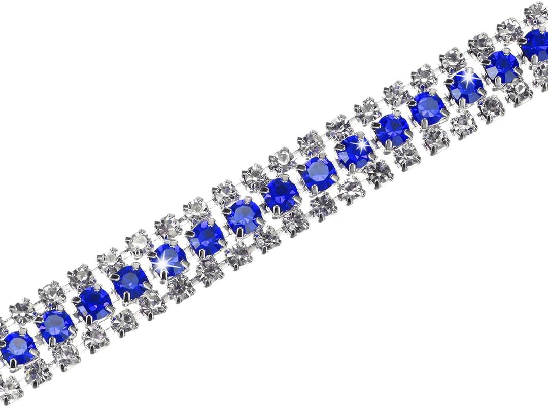 M METERXITY Crystal Rhinestone Close Chain Trim, 3 Rows 1 Yard Dress Embellishments, Sparkly Diamond Strips Applique Embellishment for Craft/Sewing Clothes/Wedding [Silver-Based Dark Blue]