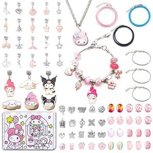 Uywgaun Kawaii Charm Bracelet Making Kit, Cartoon Jewelry Making Supplies Beads, Cute Crafts Gifts Set for Girls (Pink)