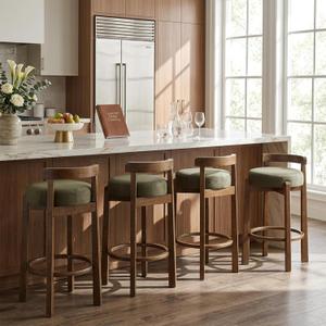 Merax Bar Stools Set of 2, Mid Century Upholstered Barstools in Rubber Wood Frame with Low Back, 26.3" Seat Height Counter Stools with Ring Footrest for Dining Room, Dark Walnut+ Green