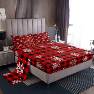 Feelyou Christmas Bed Sheets Set Full Size Snowflake Red Deep Pocket Fitted Sheet Red Black Plaid Bedding Sets Winter Snow Soft Bed Set 4Pcs with 2 Pillow Cases