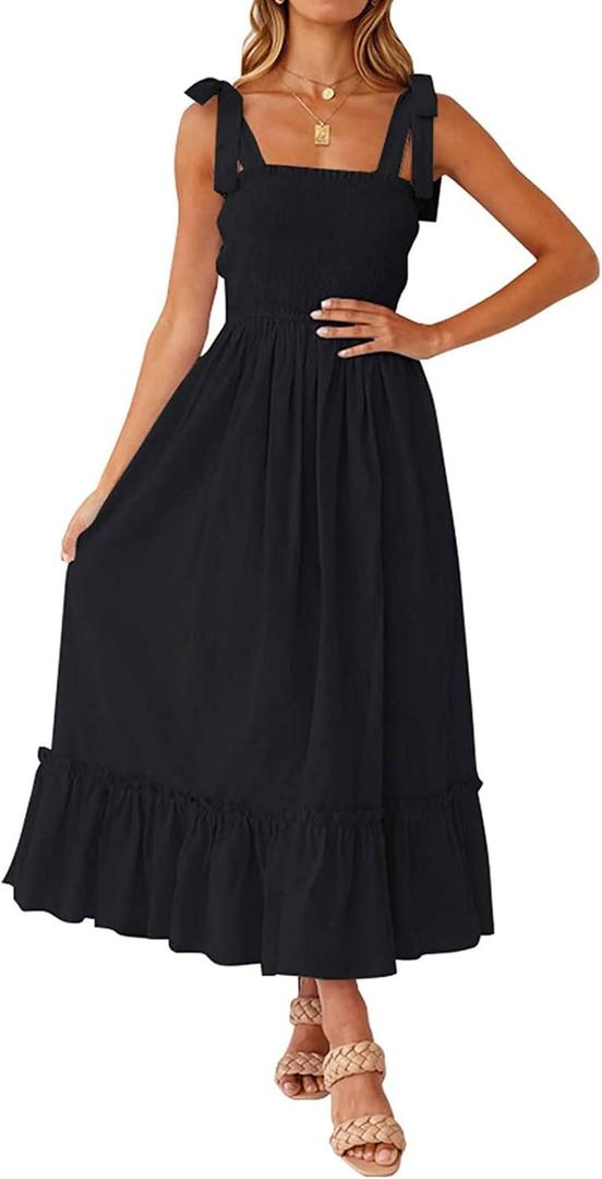Tobrief Women's Boho Dress Summer Spaghetti Strap Square Neck Flowy Ruffle Beach Long Maxi Dress (Black, M)