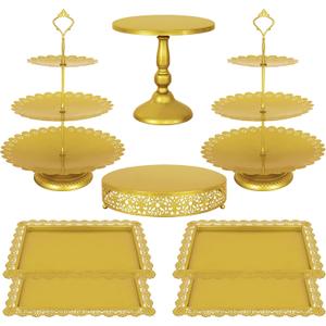 Fivenl 8 Pcs Cake Stand Gold Metal Dessert Table Display Set, 3-Tier Cupcake Stand, Cake Display Tower and Cookie Tray Rack Serving Tray for Birthday Party, Weddings, Baby Shower (Gold)
