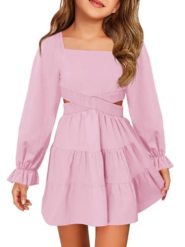 Haloumoning Girls Dresses Long Sleeve Square Neck Crossover Waist Casual A-Line Spring Fall Dress, Nude Pink, 7-8 Years