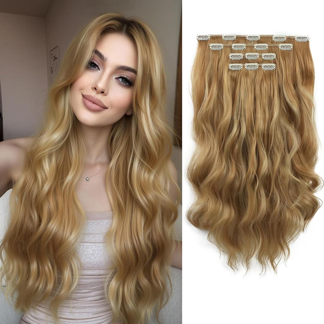 Clip in Hair Extensions 22 Inch Long Wavy Synthetic Fiber Clips ins Extension 4PCS Hairpieces Breathable and Fake pieces for women Dark Blonde