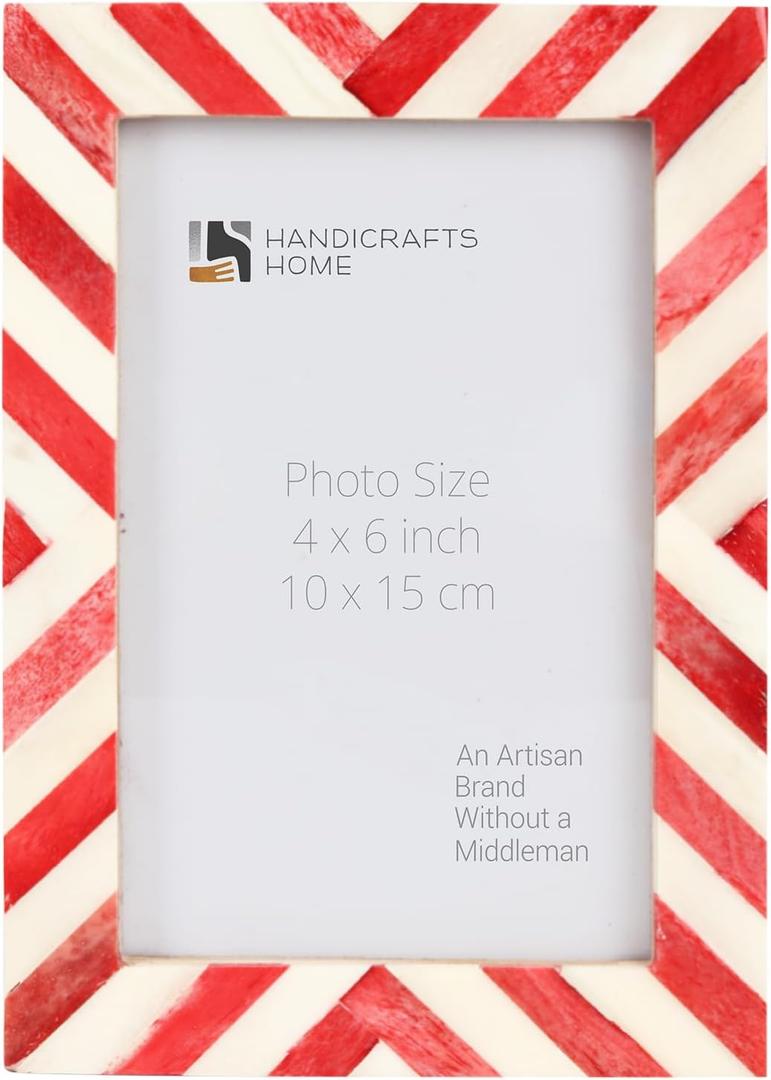 Handicrafts Home Red Picture Frame  4x6 Handmade Chevron Bone Inlay Photo Frame for Christmas Decor, Holiday Gifting, Valentines Day Decor, Colorful Farmhouse Wall Decor, Boho Shelf Styling, Rustic Home Decor & Living Room Picture Frame (Red-0.75)