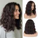 Dark Brown Wavy Wig for Women - 16 inch Medium Length, Heat Resistant Synthetic Hair, Middle Part, Natural Look for Daily Use, Party & Halloween