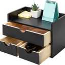 Black Bamboo Desk Organizer Wooden Storage Cabinet 3 Drawers with Shelf Tabletop Organization Box Home Office Workspace Bathroom Toiletries Supplies Caddy Vanity Makeup Stationery Holder