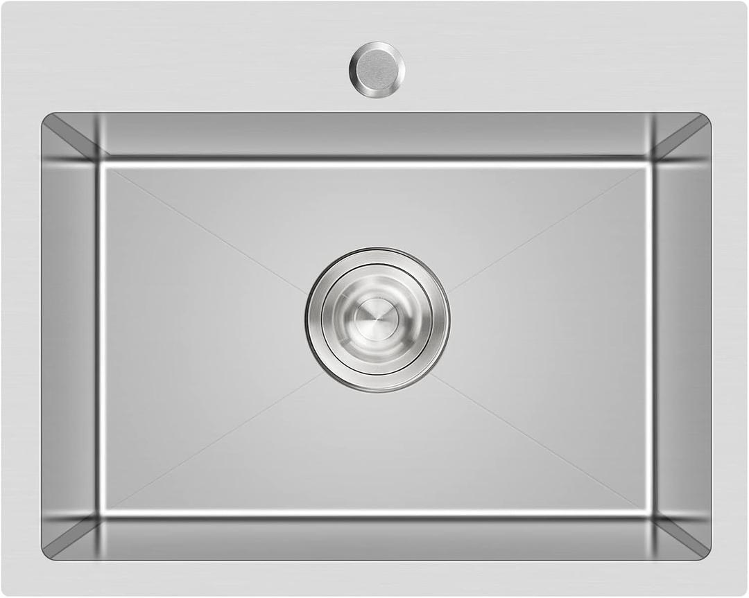 24 Inch Kitchen Sink Drop-in, 18 Gauge Stainless Steel Single Bowl Single Faucet Hole Top Mount Workstation Sink, D24"xW18"xH9" (Brushed)