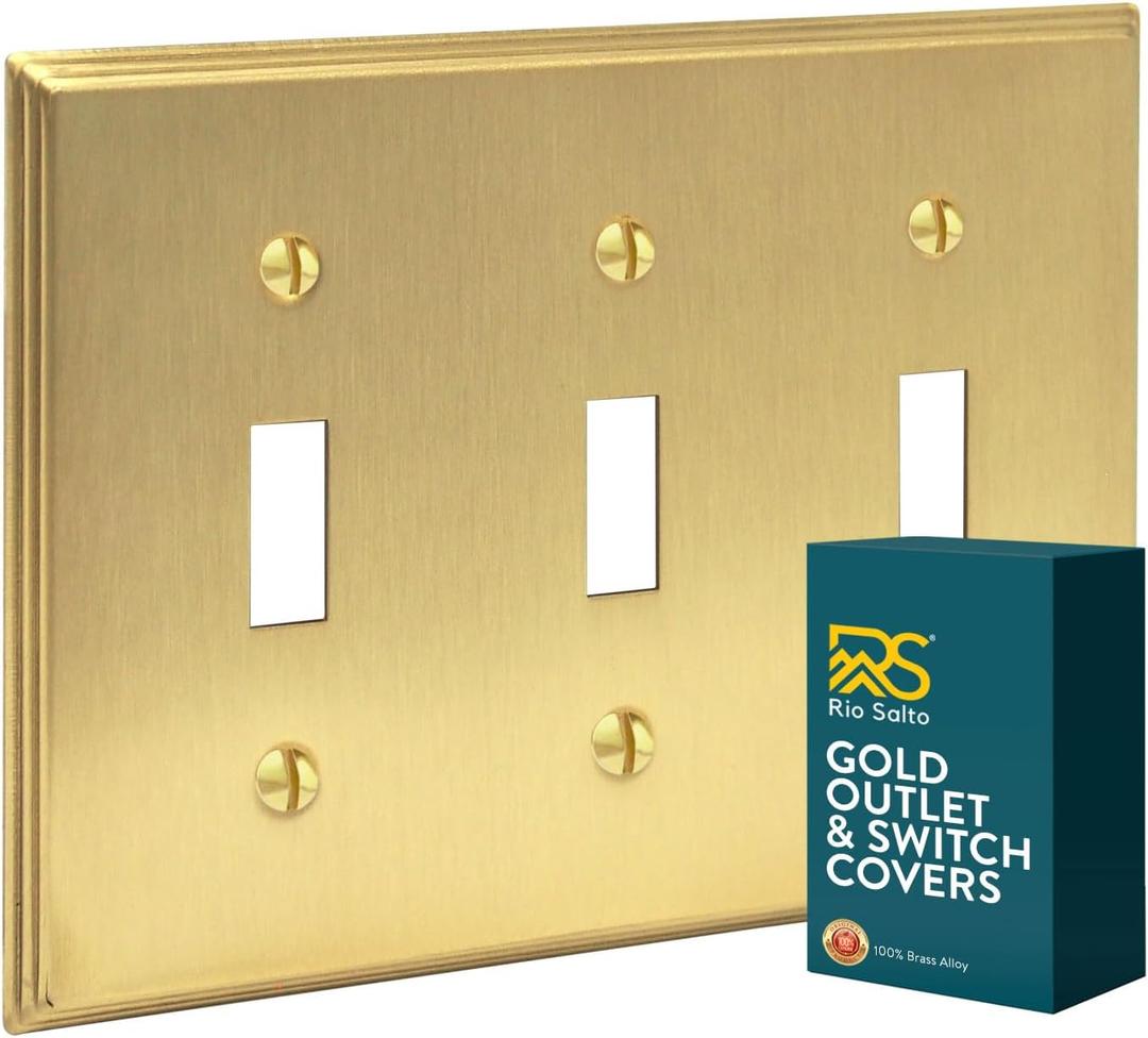 Rio Salto BRASS Toggle Light Switch Cover Plate Triple Toggle Flip Switch Outlet Covers 3 Light Switch Cover Plate Brushed Brass Gold Metal Deco Collection, Midsize 6.75" X 4.94"