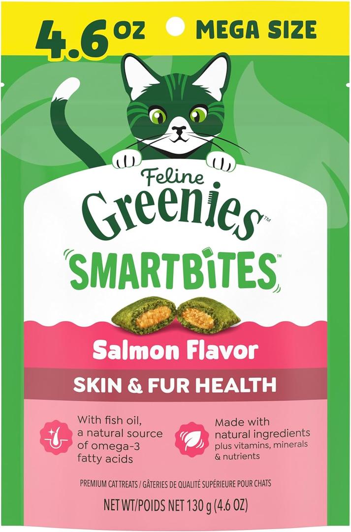 Greenies Cat Treats, Feline Smartbites, Skin & Fur Health, Crunchy and Soft Cat Treats, Salmon Flavor, 4.6 oz. Pack (EXP 09/18/26)