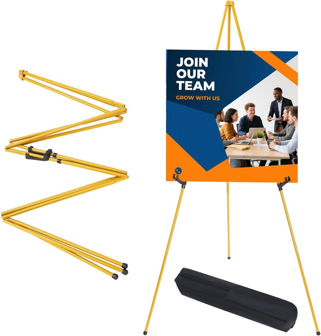 MXG 66-Inch Foldable Metal Easel Stand for Signs, Poster Display, Yellow Portable Art Painting Tripod for Weddings, Decorations, Office & Classroom Presentations with 2 Trays, Holds up to 10 Lbs