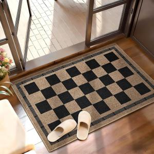 Vasofe Washable Small Entry Rug, 2x3 Checkered Jute Rugs Outdoor Indoor Front Door Mat, Non-Slip Bedroom Entrance Doorway Kitchen Mats, Plaid Farmhouse Porch Carpet, Black and Brown