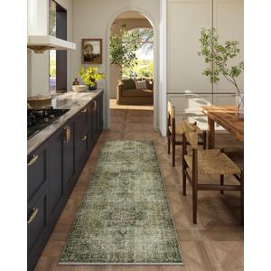 Machine Washable Kitchen Runner Rug: 2'x6' Hallway Rug Non Slip Low-Pile Stain Resistant Soft Carpet Runners for Entryway Hallways Kitchen Laundry Room Beside Farmhouse (Black and Green)