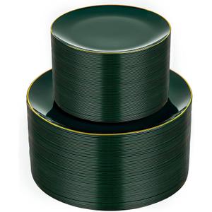 bUCLA 100PCS Green Plastic Plates - Heavy Duty Green Disposable with Gold Rim Include 50 Dinner 10 inch & 50 Dessert 7 inch Plates, Ideal for Party & Christmas