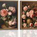 2Pcs Vintage Framed Wall Art Peony Wall Decor Pink Floral Canvas Prints Cottagecore Decor Rustic Farmhouse Pictures Artwork for Walls Living Room Bedroom Bathroom 12"x16" Ready to Hang