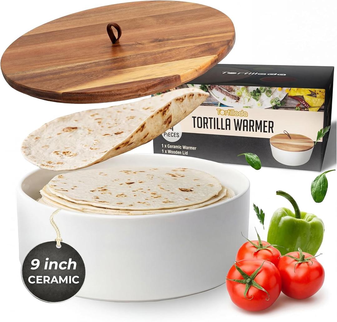 Tortillada - Tortilla Warmer Ceramic with Lid 9 Inch, Bread Warmer, Pancake Warmer, Tortilla Holder with Lid - Microwave-Safe
