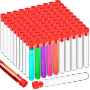 100 Pcs Plastic Test Tubes Clear 16 x 100mm Test Tube with Caps for Lab Plastic Vials Joint Container for Plants Beads Party Nurse Halloween Party Favors Decorations(Red)