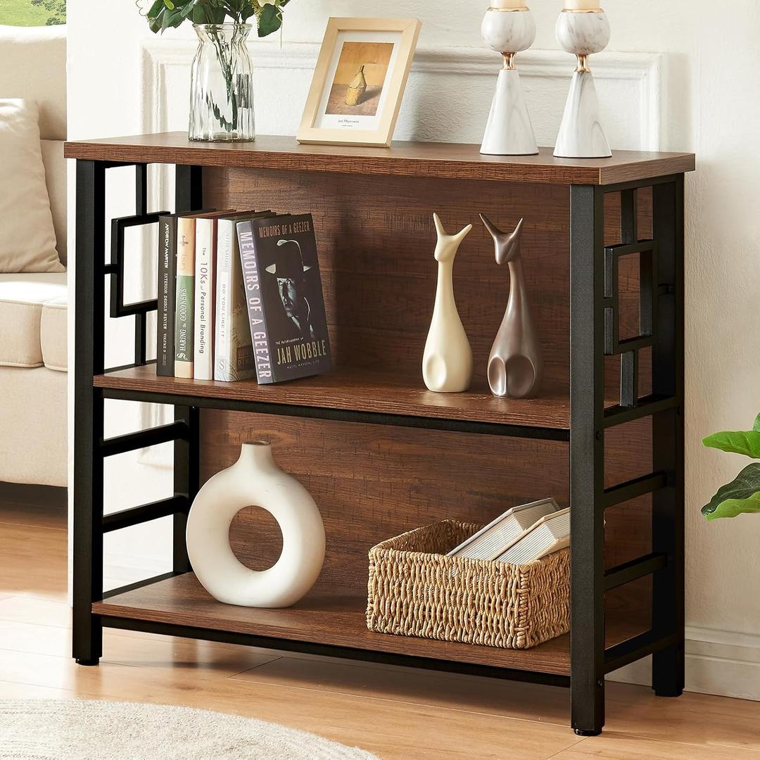 HOMISSUE Book Shelf, 3 Tier Deep Bookshelf with Storage, Engineered Wood and Metal Shelf Bookcase, Low Short Bookcases for Small Space, Living Room, Bedroom, Office, Rustic Brown(35.4"W x30.9"H)