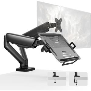 monTEK Laptop Arm Mount for Desk for Max 32” Screen and 18” Notebook, Dual Monitor Stand with Adjustable Laptop Holder, Holds up to 19.8 lbs, Full Motion Arm with Clamp/Grommet Base, 75/100 VESA Mount