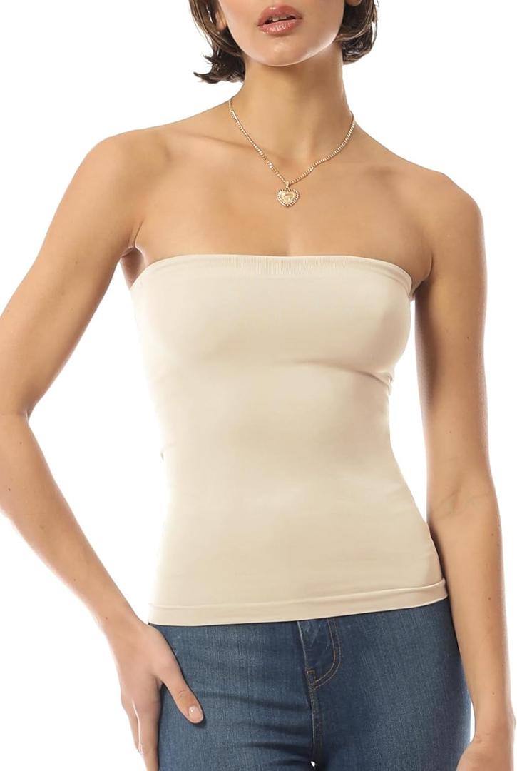 Design by Olivia Women's Basic Casual Seamless Stretch Long Bandeau Tube Top with Built-in Shelf Bra (Ivory)
