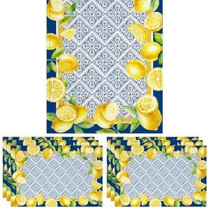 Italy Blue Tiles Lemon Table Runner with 6 Pcs Lemon Placemats Decor Yellow Summer Table Runner for Kitchen Dining Decoration Home Indoor Outdoor Holiday Party Supplies Housewarming Gifts, 13x72 Inch