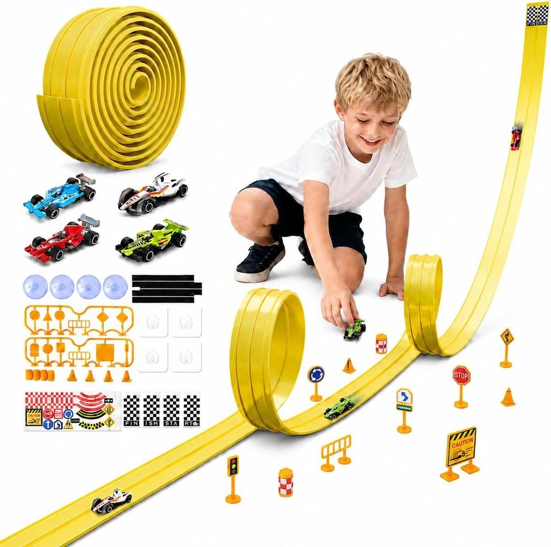 16.5Ft Flexible Race Car Track with 4 Cars, Suction Cups, Hooks & Roadblocks, Compatible with 1:64 Scale Toy Cars, Portable DIY Racetrack Gift for Kids Ages 3+ Yellow, 198 inches x 3.35 inches x 0.8 inches
