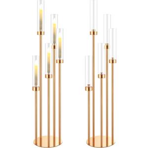 Tessco for you 5 Arm Candelabra Centerpieces for Tables 42.5'' Tall Floor Candle Holder Metal Candlestick Stand with Acrylic Lampshade for Wedding Holiday Birthday Party Decor(Gold,2 Set)
