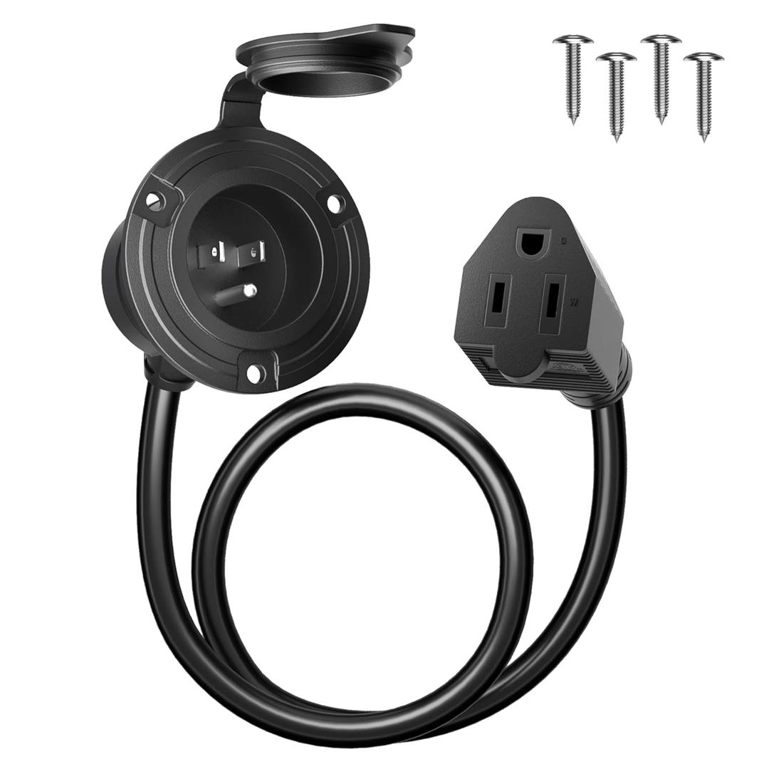 Shore Power Inlet Plug 15 Amp 125V AC Port Plug with Waterproof Cover, RV Electrical Outlet Receptacle Box with 18" Outdoor Extension Cord, Nema 5-15 RV Shore Power Inlet for Cargo Trailer