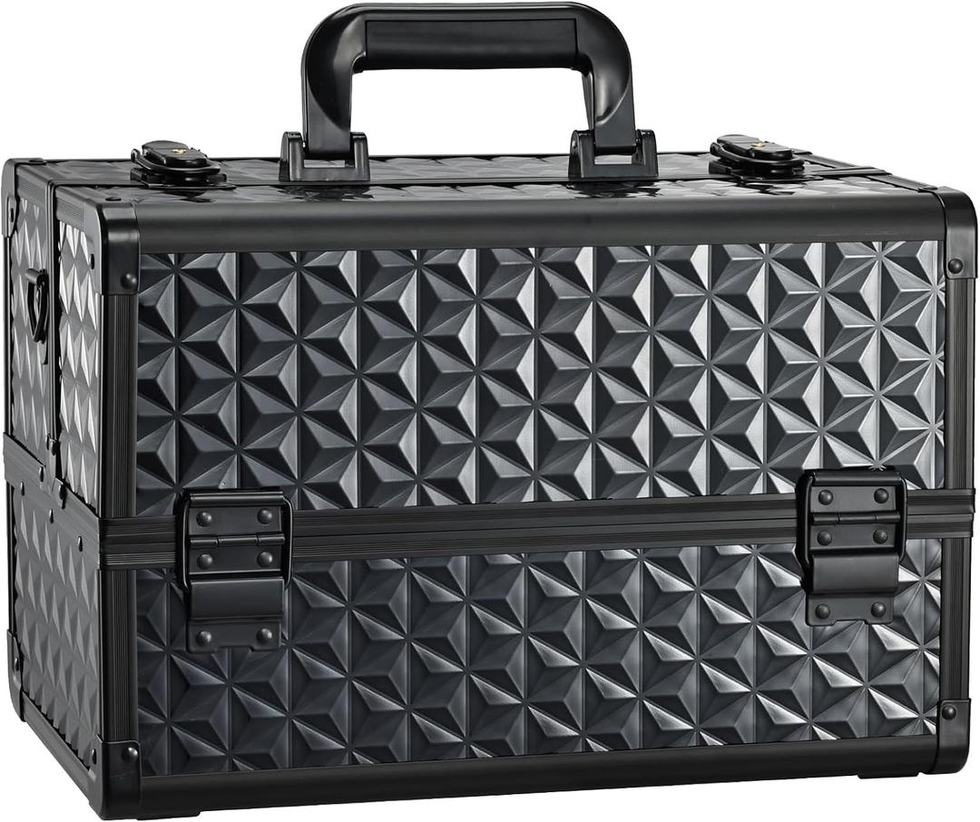Joligrace Makeup Train Case Professional Cosmetic Organizer Aluminum Storage Box with 4 Adjustable Dividers Trays Lockable Portable with Shoulder Strap (EXP 12/31/36)