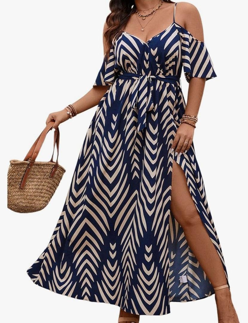 Floerns Women's Plus Size Cold Shoulder Short Sleeve Split Thigh Long Dress, XL PLUS