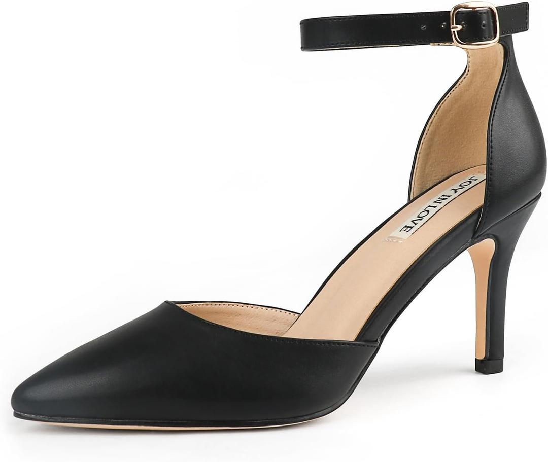 JOY IN LOVE Closed Toe Heels Pumps for Women 3IN Stiletto Pointed Toe Ankle Strap Heels (10, Black Matte)