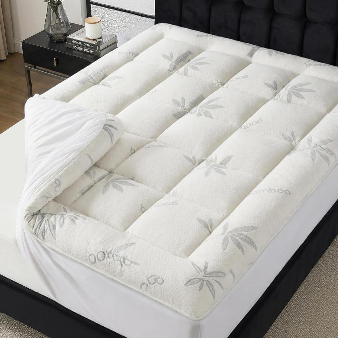 King Size Mattress Topper - Rayon Made from Bamboo Thick Pillow Top Mattress Pad with Stretchable Pockets for 6-16 inches Mattress, Light Grey