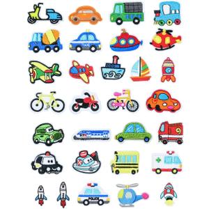 30 Pieces Vehicles Embroidered Applique Bus Tractor Truck Airplane Boat Bike Iron on Patches for Learning Jeans Outfit Shirt Backpack Embellishments