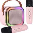 Karaoke Machine for Kids Adults, Mini Portable Bluetooth Karaoke Speaker with 2 Wireless Microphone and Lights,Toys for All Smartphones,Birthday, Family,Home Party Pinkcolor
