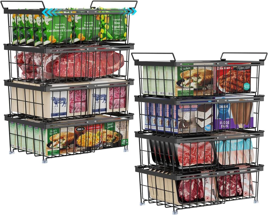 iSPECLE Freezer Organizer Bins - Fit 10 to 20 Cu.FT Deep Freezer, 8 Pack Large Expandable Stackable Chest Freezer Organizer Sort Frozen Food Easy to Get Food from Bottom Better Ventilation, Black