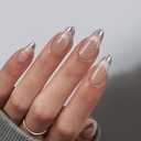 BTArtbox Almond Press On Nails Medium - Lamp-Curable Metallic French Tip Cat Eye Press On Nails with Glue for Women, Soft Gel Glue On Nails in 15 Sizes - 30 Stick On Nails Kit, Silver Storm