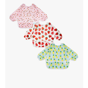 3 Pcs Long Sleeved Bib Set|Baby Waterproof Bibs with Pocket Bundle|Toddler Bib with Sleeves|Stain Resistance Smock 6-24 Month, Color: Pineapple - Flower - Strawberry