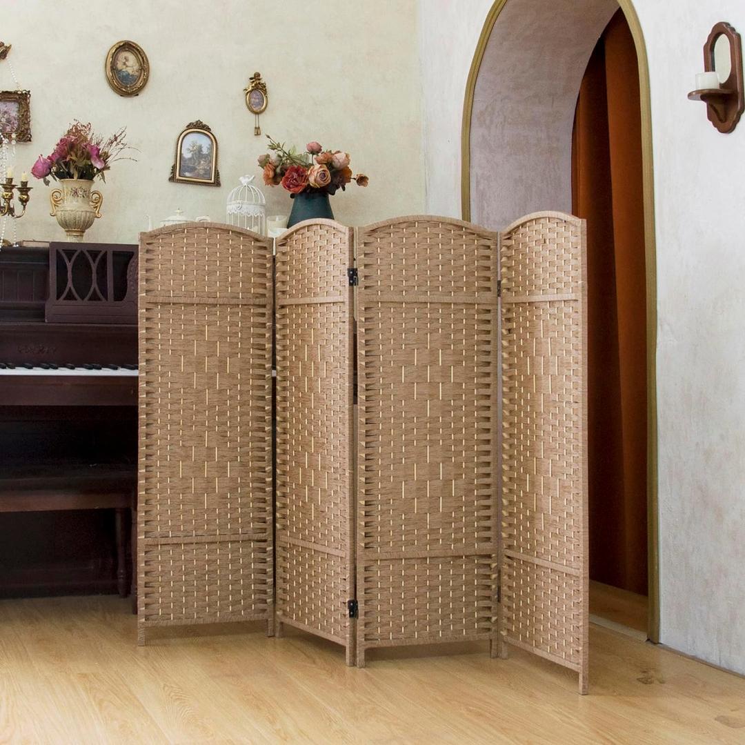 Compact 4 Panel Short Room Divider, 47.2 Inch Tall Double-Sided Rattan Folding Privacy Screen for Home & Office,Light Brown