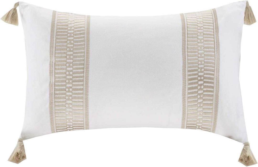 Harbor House Modern Design Decorative Pillow Hypoallergenic Sofa Cushion Lumbar, Back Support, Oblong 12" x 20", Anslee, Cotton Tassel Taupe