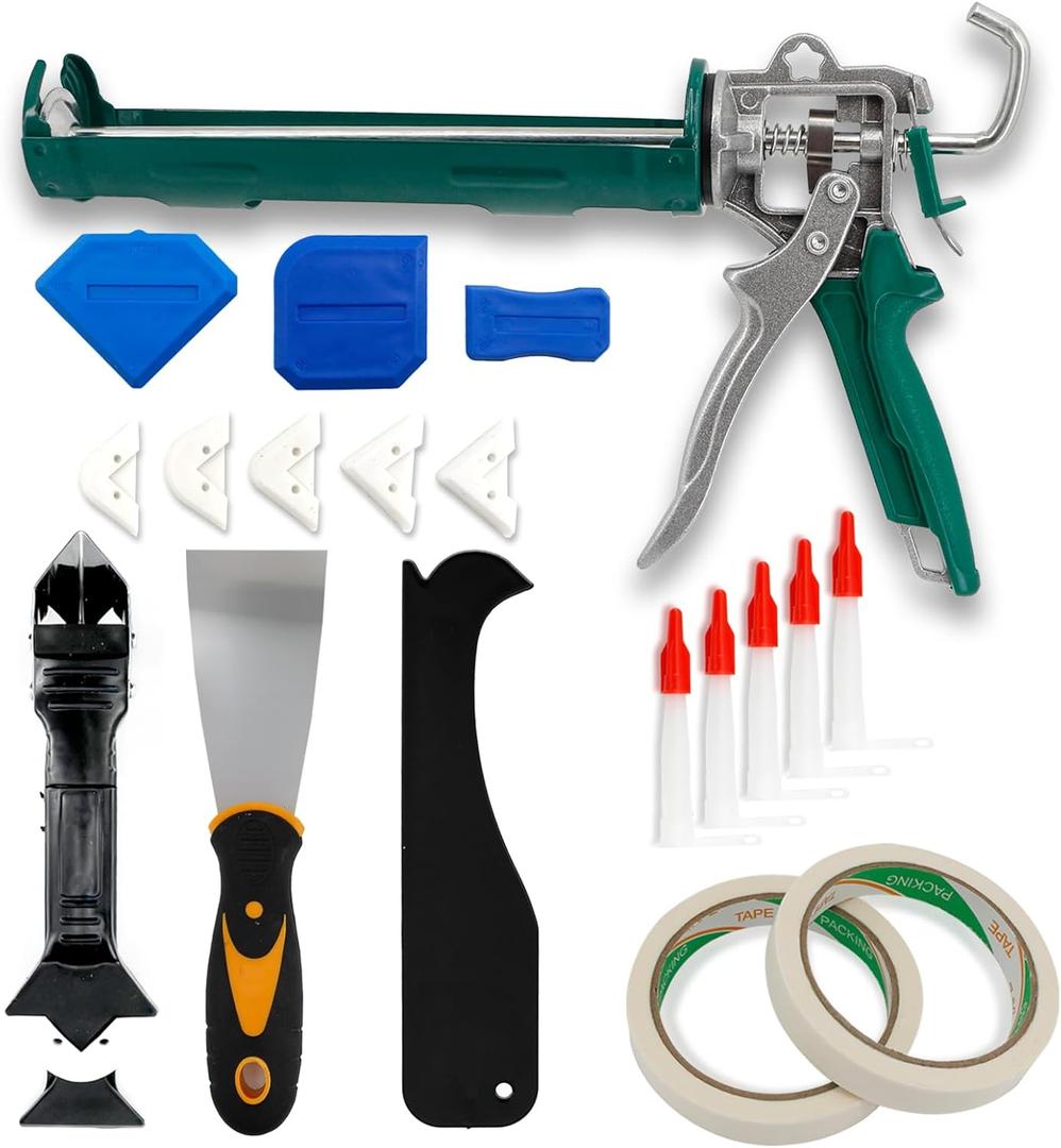 14Pcs Caulk Gun Kit Duty Caulk Gun 3 in 1 Silicone Caulking Tools 4Pcs Glass Glue Angle Scraper Caulking Nozzles Putty Knife Scraper 2 Rolls Masking Tape for Kitchen Bathroom Window Tile Sink Joint