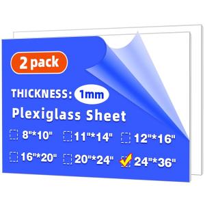 (2 Pack) 24" x 36" Plexiglass Sheets 1mm Thick, Clear Acrylic Sheets Panel Cut to Size Plexiglass Acrylic Board, Cut with Engraver, Power Saw or Hand Tools, No Laser Cut.