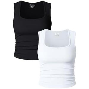 OQQ Womens 1 Piece Crop Tops Rueched Sleeveless Square Neck Stretch Basic Tank Shirts, S
