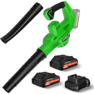Leaf Blower Cordless with 2 * 20V Battery and Charger,2 Speed Levels, Electric Lightweight Leaf Blowers for Lawn Care, Yard, Sidewalk and Snow Blowing, Non-Slip Hand Blower, Green
