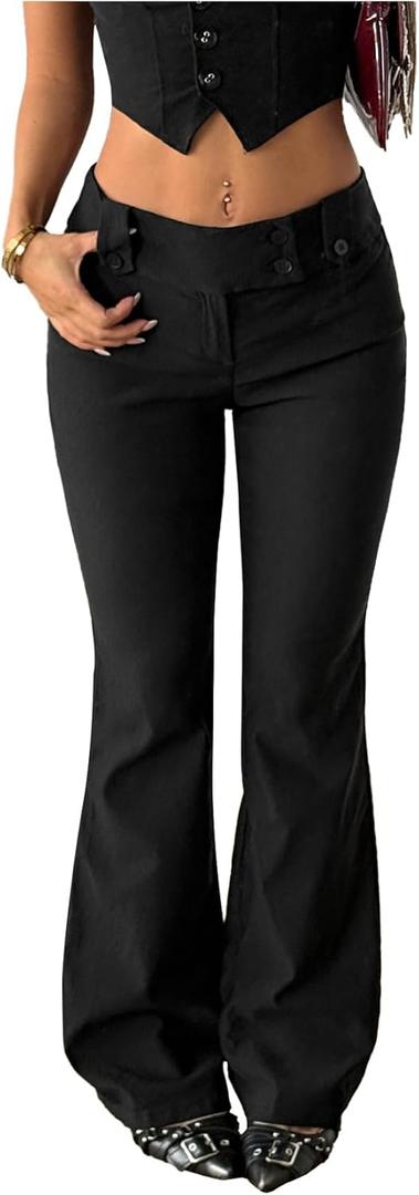 Milumia Women's Flare Leg Bell Bottom Dress Pants Old Money Low Waist Wide Waistband Work Office Trousers (Black, S)