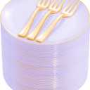 Festiva 200Pcs Purple Gold Dessert Plates 6.3" with Plastic Forks 5"- Disposable Lavender Purple Cake/Appetizer/Salad Plates - serve 100 guests for Party&Wedding&Easter