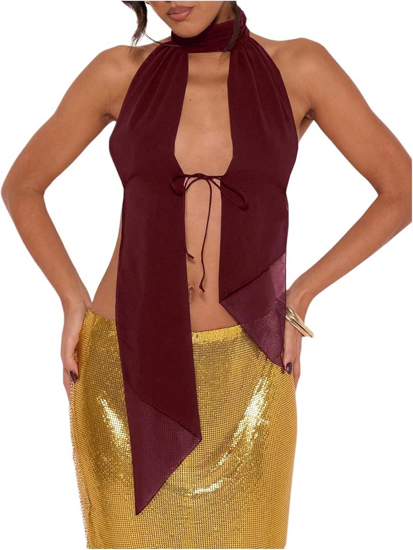 MakeMeChic Women's Cheetah Print Halter Top Y2K Tie Front Backless Club Going Out Tank Tops (L)