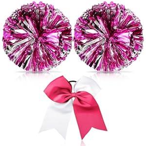 Hanaive Cheerleading Pom Poms and Large Cheerleader Hair Bow 12 Inch Large Metallic Cheer Cheerleader Pom Poms for Sports Team Spirit Cheering(Rose Red and Silver Mixed, Glitter)