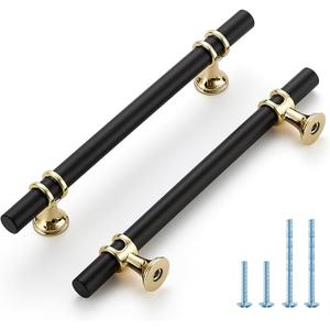 HOME EDIT Matte Black and Brushed Brass Cabinet Handles, 5 Inch Hole Center Modern T-Bar Drawer Pulls, Decorative Hardware for Cabinets, Dressers, and Drawers, 30 Pack